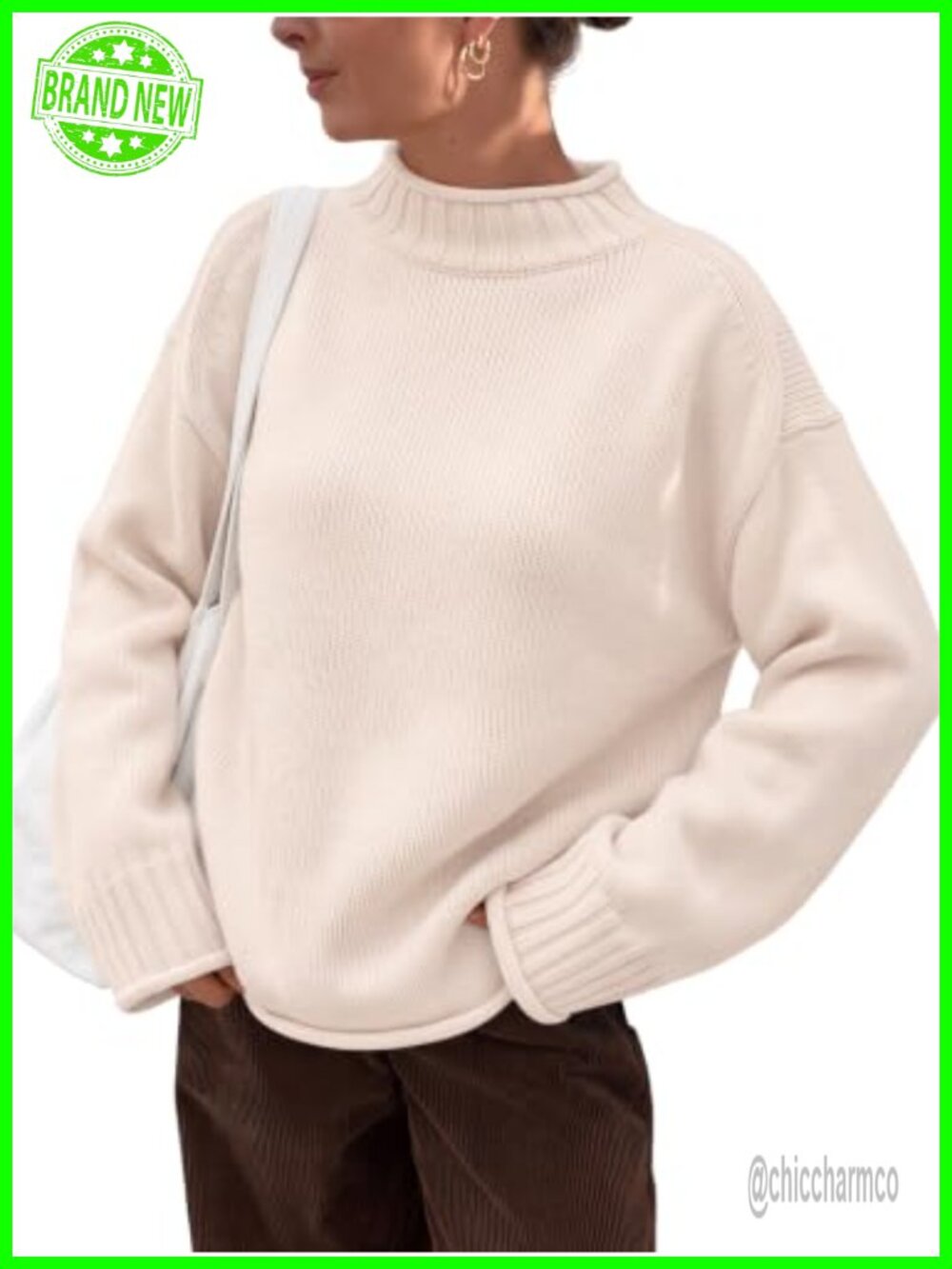 Oversized Mock Neck Cotton Blend Knit Pullover Sweater Fall